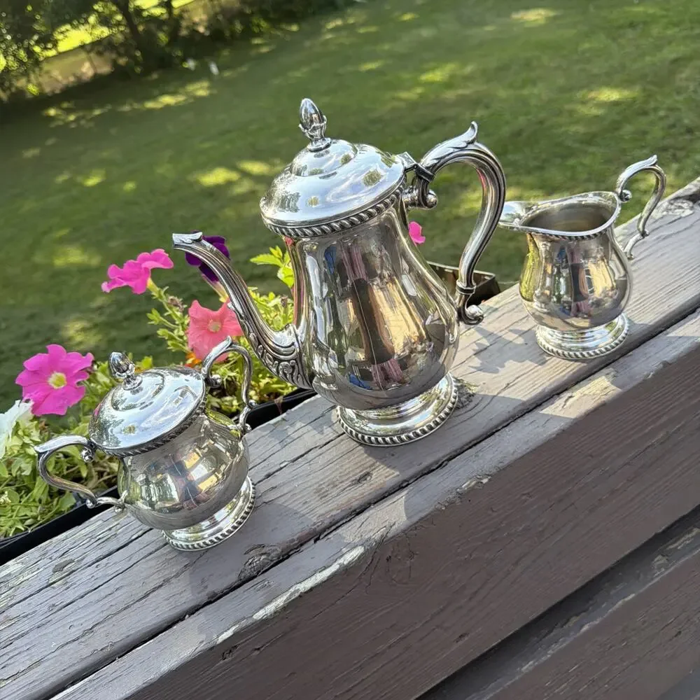 Vintage Art Silver Co SPC 7500 Silverplate 3 Pc Tea Coffee Set 1930s 1940s Art